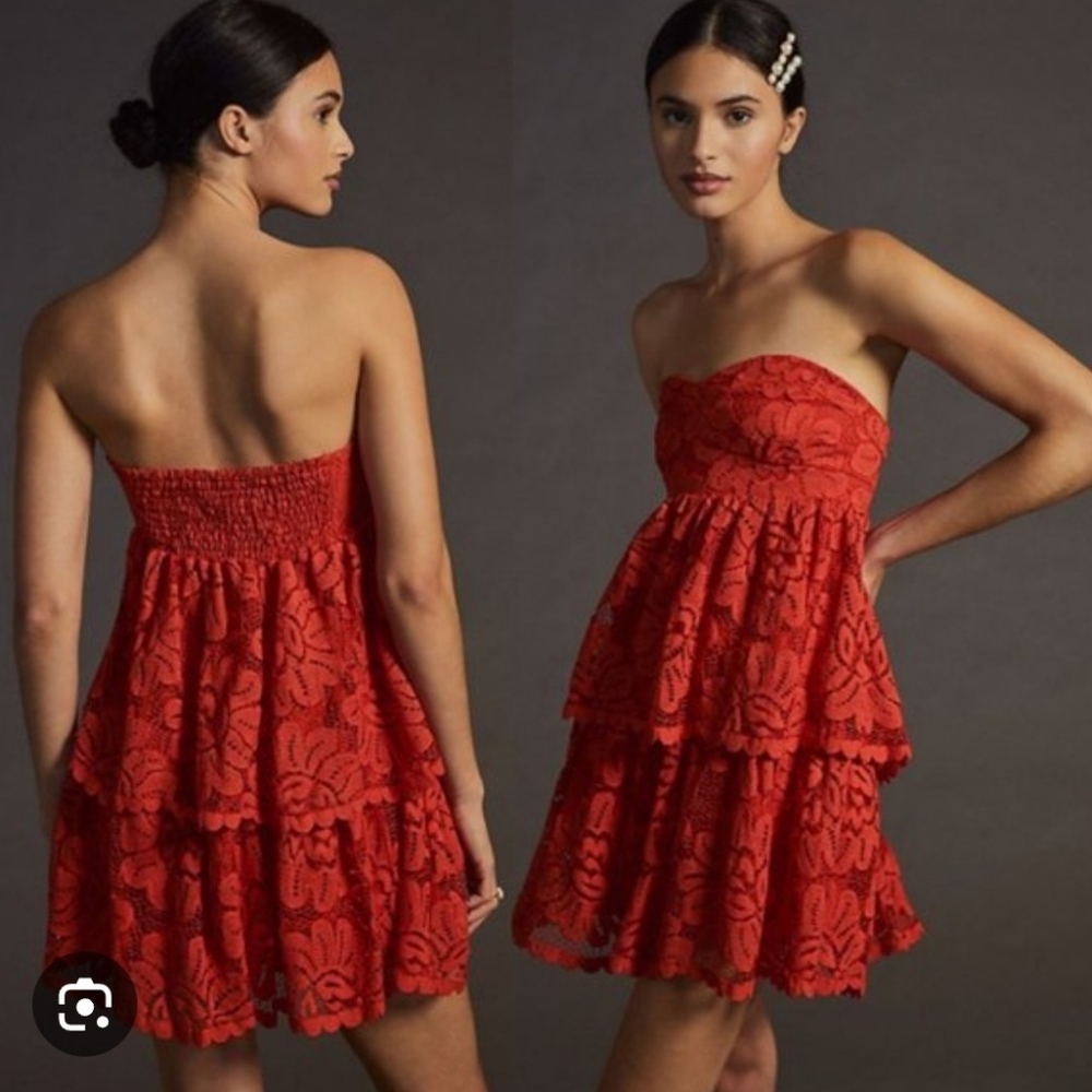 Maeve Strapless Red Lace Dress
